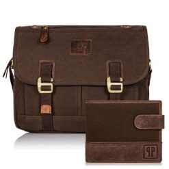 Zestaw brązowy PAOLO PERUZZI torba i portfel GA469. Brązowe portfele Paolo Peruzzi, bez wzorów, z bawełny. Za 209.99 zł.