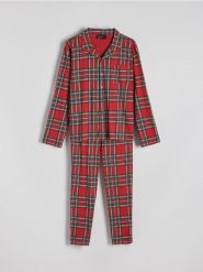 Dwuczęściowa piżama w świąteczną kratę - czerwony. Czerwone piżamy Reserved, l, bez wzorów, z bawełny, bez ramiączek. W wyprzedaży za 45.99 zł.