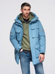 Ocieplana długa męska kurtka z odblaskowymi elementami – niebieska V4 - Rozmiar: L. Niebieskie kurtki Ombre Clothing, l, z aplikacjami, z gumy. Za 569.99 zł.