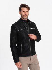 Kurtka męska biker ze stójką w stylu retro – czarna V2 OM-JAFL-0197 - XXL. Czarne kurtki Ombre Clothing, l, bez wzorów, z materiału, bez kaptura. W wyprzedaży za 269.99 zł.