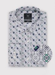 PAKO LORENTE – Męska koszula w kolorze białym w granatowo-zielony wzór. Białe koszule Pako Lorente, m, bez wzorów, z bawełny, bez kołnierzyka, bez ramiączek. Za 99.99 zł.