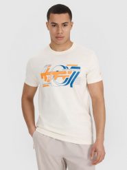 4F T-shirt regular z nadrukiem męski - beżowy M. Brązowe t-shirty 4F, m, bez wzorów, z bawełny, bez kołnierzyka, bez ramiączek. Za 59.99 zł.