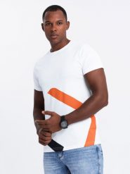 Bawełniany t-shirt męski z kontrastowym dwukolorowym printem – biały V2 OM-TSPT-0219 - XXL. Białe t-shirty Ombre Clothing, l, bez wzorów, z bawełny, bez kołnierzyka, bez ramiączek. W wyprzedaży za 39.99 zł.