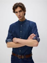 Jeansowa koszula ze stójką - granatowy. Niebieskie koszule Reserved, l, bez wzorów, z denimu, bez kołnierzyka, bez ramiączek. Za 119.99 zł.