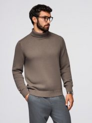 Golf męski sweter z dzianiny – szarobrązowy V1. Brązowe golfy Ombre Clothing, m, bez wzorów, z bawełny, bez ramiączek. Za 189.99 zł.
