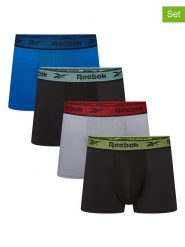 Reebok Bokserki (4 pary) w kolorze czarnym, szarym i niebieskim rozmiar: L. Czarne bokserki Reebok, l, bez wzorów. Za 72.95 zł.