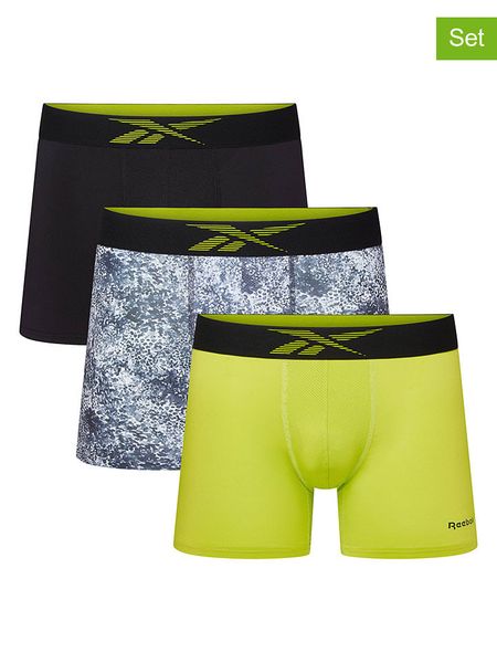 Reebok Bokserki (3 pary) "Mowatt" w kolorze czarno-limonkowo-niebieskim rozmiar: L. Czarne bokserki Reebok, l, bez wzorów. Za 60.95 zł.