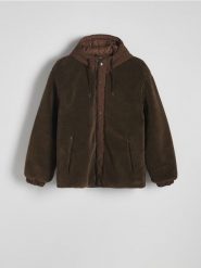 Kurtka z kapturem - ciemnobrązowy. Brązowe kurtki Reserved, l, bez wzorów, z tkaniny, z kapturem. W wyprzedaży za 129.99 zł.