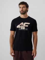 4F T-shirt regular z nadrukiem męski - czarny L. Czarne t-shirty 4F, l, bez wzorów, z bawełny, bez kołnierzyka, bez ramiączek. Za 69.99 zł.