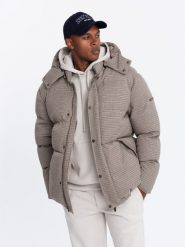 Mocno ocieplana męska kurtka typu puffer w pepitkę – brązowa V1 - Rozmiar: S. Brązowe kurtki Ombre Clothing, m, z aplikacjami, z materiału, bez kaptura. W wyprzedaży za 299.99 zł.