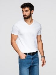 Klasyczna męska bawełniana koszulka z dekoltem w serek BASIC – biała V4 - Rozmiar: XL. Białe t-shirty Ombre Clothing, m, bez wzorów, z bawełny, bez kołnierzyka, bez ramiączek. W wyprzedaży za 29.99 zł.