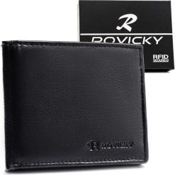 Mały, czarny portfel męski ze skóry naturalnej wyposażony w system RFID - Rovicky. Czarne portfele ROVICKY, bez wzorów, ze skóry. Za 45.00 zł.