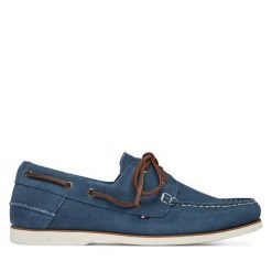 Półbuty Tommy Hilfiger. Niebieskie eleganckie półbuty Tommy Hilfiger, bez wzorów, bez obcasa, bez zapięcia. Za 489.99 zł.