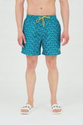 GUESS Szorty kąpielowe niebiesko-granatowe. Niebieskie kąpielówki Guess, m, z aplikacjami, z poliesteru. W wyprzedaży za 263.99 zł.