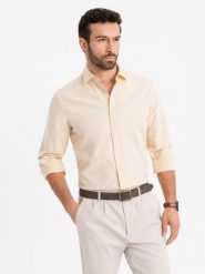 Pastelowa bawełniana męska koszula typu oxford – jasnożółta V3 OM-SHOS-0183 - XXL. Żółte koszule Ombre Clothing, l, z aplikacjami, z bawełny, bez kołnierzyka, bez ramiączek. Za 107.99 zł.
