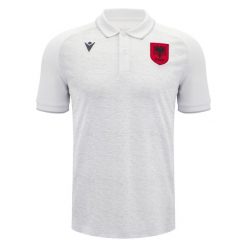 Polo Albanii Travel 2024. Białe koszulki polo Macron, m, bez wzorów, bez kołnierzyka, bez ramiączek. Za 232.00 zł.