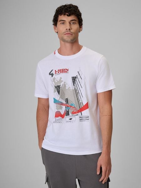 4F T-shirt regular z nadrukiem męski - biały L. Białe t-shirty 4F, l, bez wzorów, z bawełny, bez kołnierzyka, bez ramiączek. Za 79.99 zł.