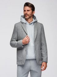 Marynarka męska w kratę z dodatkiem wełny - szara V1 - Rozmiar: XL. Szare garnitury Ombre Clothing, m, bez wzorów, z materiału. W wyprzedaży za 169.99 zł.