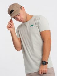 Męski bawełniany t-shirt z zieloną naszywką na piersi – jasnoszary V2 OM-TSCT-0151 - XXL. Szare t-shirty Ombre Clothing, l, z aplikacjami, z bawełny, bez kołnierzyka, bez ramiączek. Za 77.99 zł.