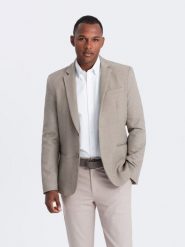 Męska elegancka marynarka z dekoracyjnymi guzikami na mankietach - beżowa V3 - Rozmiar: S. Brązowe garnitury Ombre Clothing, m, bez wzorów, z poliesteru. W wyprzedaży za 129.99 zł.