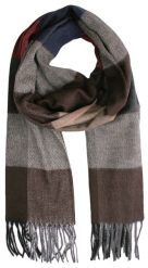 Szalik Szaro-Brązowy z Frędzlami, Miękki w Kratkę, Firmy V.Fraas -Cashmink. Niebieskie szaliki V. Fraas, bez wzorów, z materiału. Za 65.00 zł.