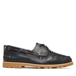 Półbuty Tommy Hilfiger. Niebieskie eleganckie półbuty Tommy Hilfiger, bez wzorów, bez obcasa, bez zapięcia. Za 569.99 zł.