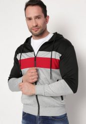 Czarno-Szara Bluza z Kapturem i Kieszeniami na Suwaki Amelobria. Czarne bluzy Born2be, l, bez wzorów, z dzianiny, z kapturem. W wyprzedaży za 59.49 zł.