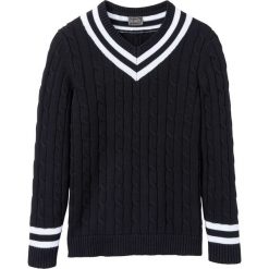 Sweter z dekoltem w serek i wzorem w warkocze bonprix czarno-biały. Czarne swetry nierozpinane bonprix, l, bez wzorów, z bawełny, bez kołnierzyka, bez ramiączek. Za 59.99 zł.