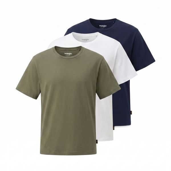 MESKA KOSZULKA WRANGLER 3 PACK TEE WHITE OLIVE NAVY 112371483. Białe t-shirty Wrangler, l, bez wzorów, bez kołnierzyka, bez ramiączek. W wyprzedaży za 109.99 zł.