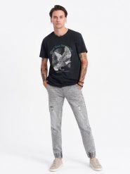 Spodnie męskie JOGGERY jeansowe z przetarciami - jasnoszare V4 OM-PADJ-0150 - XXL. Szare joggery i bojówki Ombre Clothing, l, bez wzorów, z bawełny. W wyprzedaży za 69.99 zł.