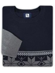 Szaro-granatowy sweter męski - skandynawski wzór SW80. Niebieskie swetry nierozpinane Lanieri Fashion - swetry męskie, na jesień, m, bez wzorów, z bawełny, bez kołnierzyka, bez ramiączek. W wyprzedaży za 198.00 zł.