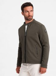 Kurtka męska o kroju biker ze strukturalnego materiału – ciemnooliwkowa V1 - Rozmiar: XL. Zielone kurtki Ombre Clothing, m, bez wzorów, bez kaptura. W wyprzedaży za 79.99 zł.