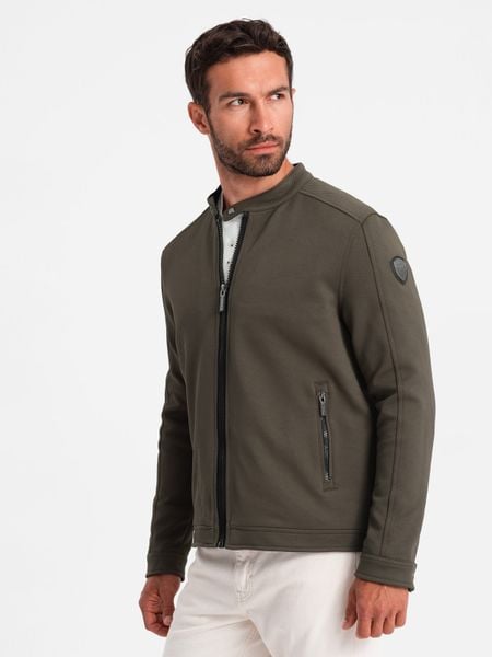 Kurtka męska o kroju biker ze strukturalnego materiału – ciemnooliwkowa V1 - Rozmiar: XL. Zielone kurtki Ombre Clothing, m, bez wzorów, bez kaptura. W wyprzedaży za 79.99 zł.