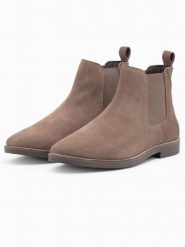 Buty męskie skórzane sztyblety - ciemnobeżowe V4 - Rozmiar: 43. Brązowe sztyblety Ombre Clothing, bez wzorów, z gumy, bez obcasa, bez zapięcia. W wyprzedaży za 99.99 zł.