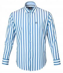 Biała, Lekko Taliowana Koszula Męska - Pako Jeans - Niebieski Prążek. Niebieskie koszule Pako Jeans, l, bez wzorów, z bawełny, bez kołnierzyka, bez ramiączek. Za 199.00 zł.