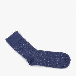 Granatowe skarpety męskie w białe kropki SKARPETY. Niebieskie skarpety Ryłko, bez wzorów, z bawełny. Za 24.99 zł.