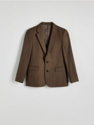 Marynarka slim fit z wełną - brązowy. Brązowe garnitury Reserved, bez wzorów, z tkaniny. W wyprzedaży za 339.99 zł.