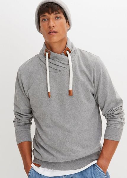 Bluza z szalowym kołnierzem z detalami z imitacji skóry. Szare bluzy bonprix, m, bez wzorów, ze skóry, bez kaptura. Za 109.99 zł.