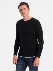 Bawełniany sweter męski z okrągłym dekoltem - czarny V1 OM-SWSW-0103 - XXL. Czarne swetry nierozpinane Ombre Clothing, l, bez wzorów, z bawełny, bez kołnierzyka, bez ramiączek. W wyprzedaży za 69.99 zł.
