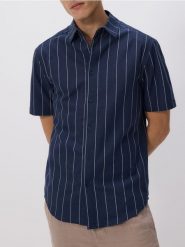 Koszula slim fit z lnem - granatowy. Niebieskie koszule Reserved, l, bez wzorów, z bawełny, bez kołnierzyka, bez ramiączek. Za 179.99 zł.