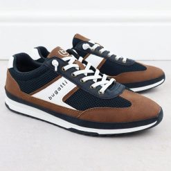 Półbuty sportowe męskie casual granatowe Bugatti RR153131. Eleganckie półbuty Bugatti, bez wzorów, z materiału, bez obcasa, bez zapięcia. Za 198.00 zł.