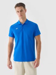 4F Koszulka polo regular męska - niebieska S. Niebieskie koszulki polo 4F, m, bez wzorów, z bawełny, bez kołnierzyka, bez ramiączek. Za 99.99 zł.