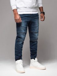Męskie spodnie jeansowe joggery z przetarciami i zamkami – ciemnoniebieskie V1 OM-PADJ-0243 - XXL. Niebieskie joggery i bojówki Ombre Clothing, l, bez wzorów, z bawełny, klasyczne. Za 161.99 zł.