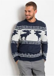Sweter w norweski wzór. Niebieskie swetry nierozpinane bonprix, l, bez wzorów, bez kołnierzyka, bez ramiączek. Za 104.99 zł.