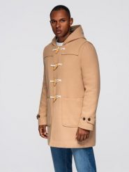 Płaszcz męski z wełną i kapturem duffle coat – jasnobrązowy V1 - Rozmiar: M. Brązowe płaszcze Ombre Clothing, na jesień, m, bez wzorów, z materiału, eleganckie. W wyprzedaży za 376.99 zł.