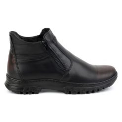 Buty męskie skórzane zimowe POLBUT na zamek 2128S kabir czarne. Czarne botki sznurowane na zimę, bez wzorów, z materiału, bez obcasa, bez zapięcia. Za 408.14 zł.