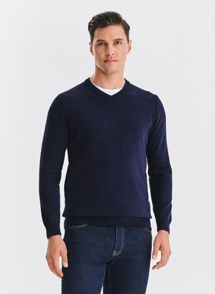 PAKO LORENTE – Granatowy bawełniany sweter v-neck. Niebieskie swetry nierozpinane Pako Lorente, na jesień, m, bez wzorów, z bawełny, bez kołnierzyka, bez ramiączek. Za 99.99 zł.