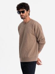 Bluza męska RELAXED FIT z tłoczonymi literami – brązowa V3 OM-SSNZ-0164 - XXL. Brązowe bluzy Ombre Clothing, l, bez wzorów, z bawełny, bez kaptura. Za 107.99 zł.