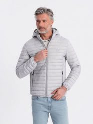 Kurtka męska pikowana pakowana w worek - szara V2 OM-JALP-0156 - XXL. Szare kurtki Ombre Clothing, l, bez wzorów, z materiału. W wyprzedaży za 159.99 zł.
