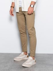 Spodnie męskie chinosy SLIM FIT - beżowe V27. Brązowe eleganckie spodnie Ombre Clothing, na co dzień, m, z bawełny. W wyprzedaży za 69.99 zł.